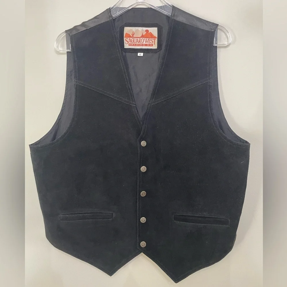 Vintage Saguaro West Trading Co. Suede Leather Vest Cowboy Western Black Sz L